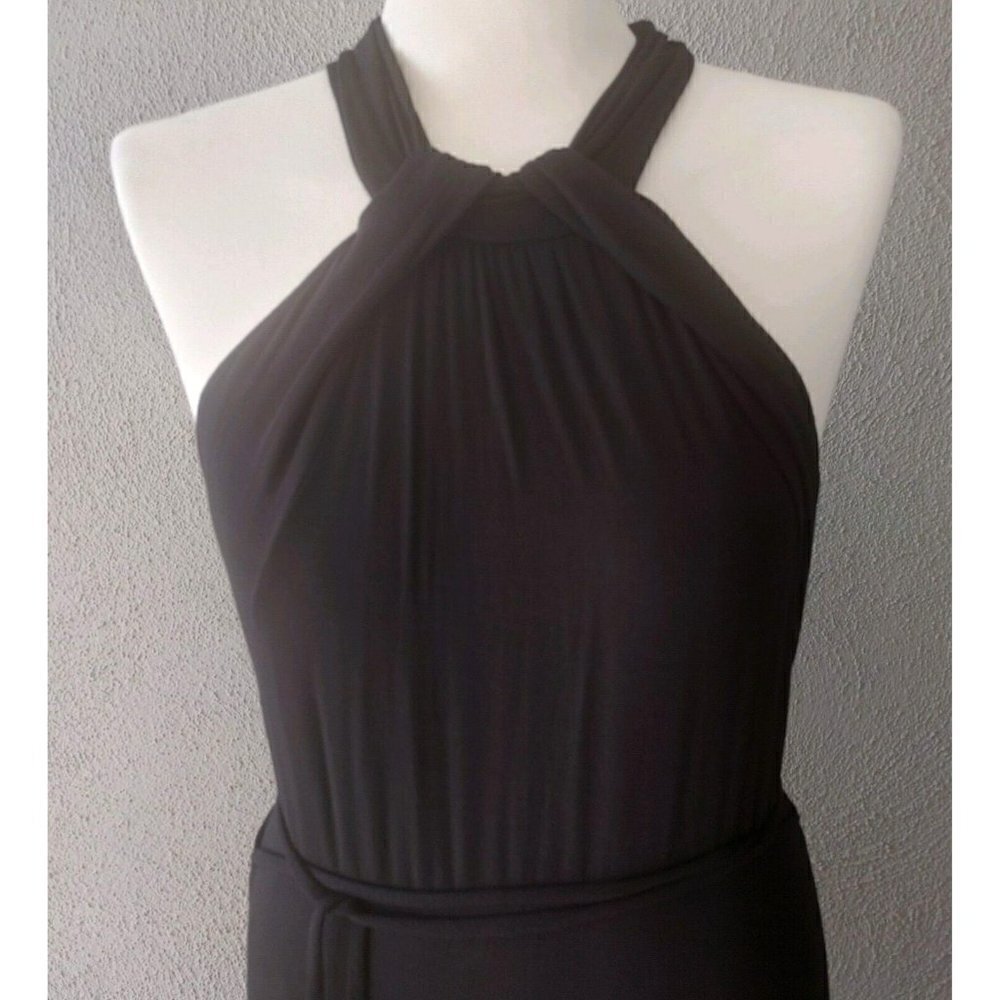 Tahari Pleated Halter Neck Sleeveless Black Jersey Maxi Dress Tie Waist Size M - Picture 5 of 6